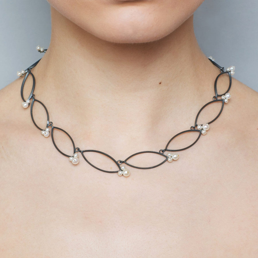 Photograph 2 of Sophia Epp's Contemporary Oxidized Silver Freshwater Pearl Navette Statement Necklace. Available on DESIGNYARD.com and in our Jewellery Shop Dublin, Ireland.