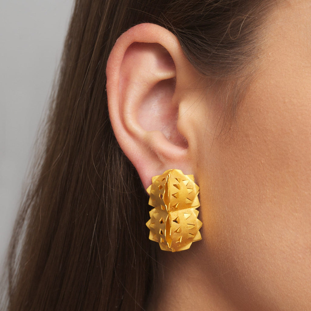 Photograph 2 of Sophia Epp's Contemporary Silver 22k Gold Plate Igel 2 Statement Earrings. Available on DESIGNYARD.com and in our Jewellery Shop Dublin, Ireland.