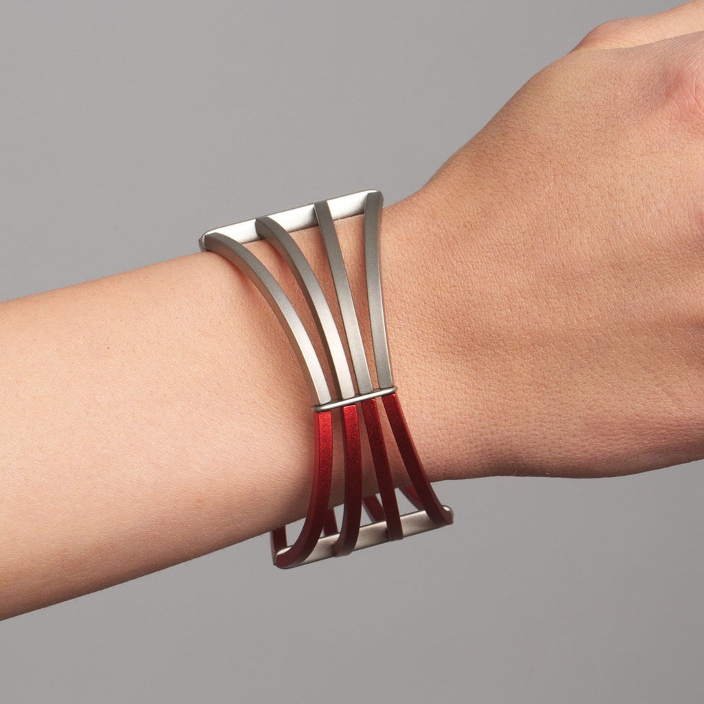 Ursula Muller - Red Grey Structured Wide Aluminium Bracelet - DESIGNYARD, Dublin Ireland.