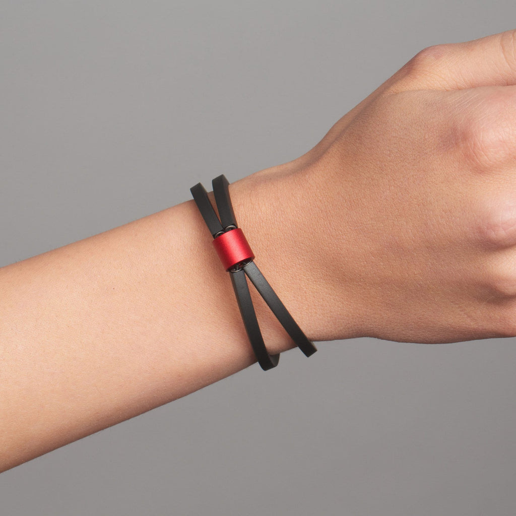 Ursula Muller - Red Aluminium Rubber Roller Bracelet - DESIGNYARD, Dublin Ireland.