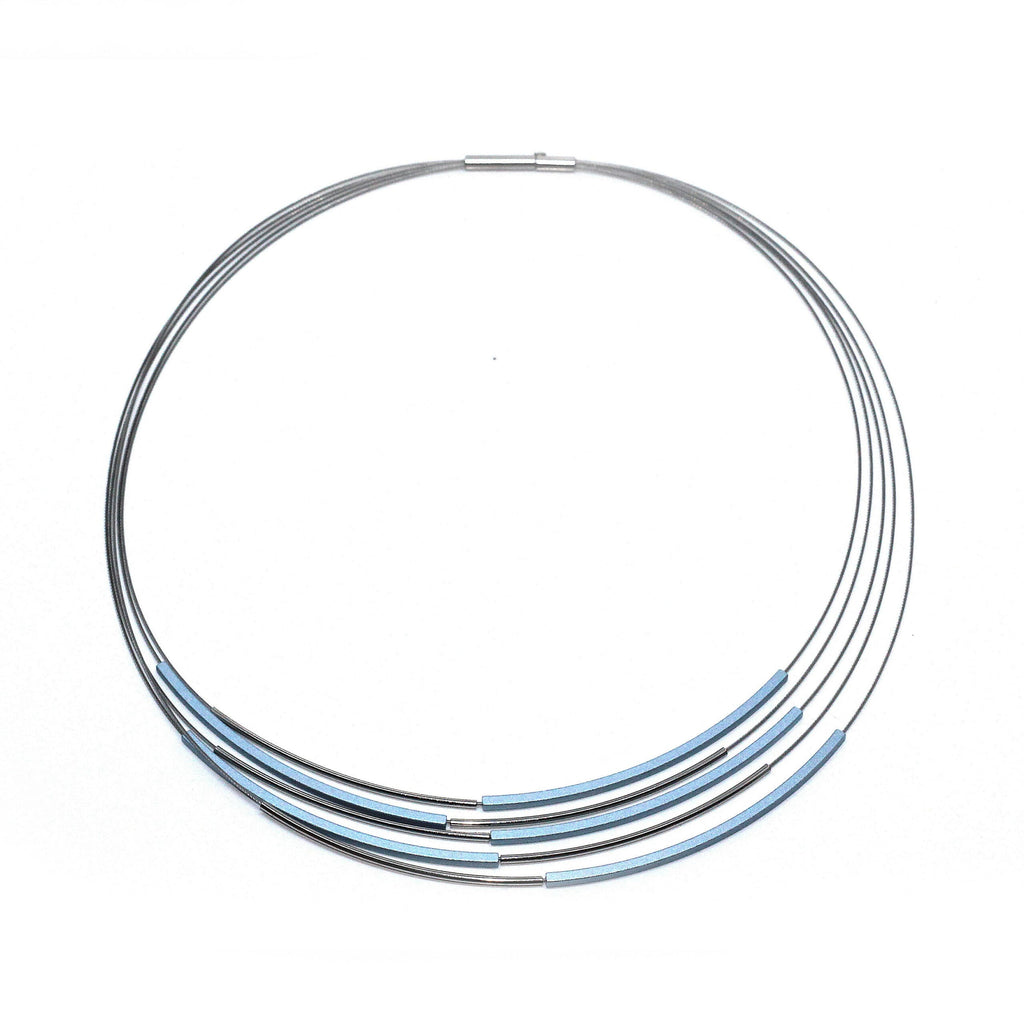 Ursula Muller - Grey Light Blue Tube Steel Aluminium Necklace - DESIGNYARD, Dublin Ireland.