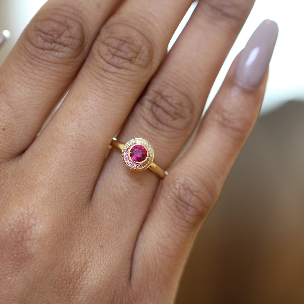 Andrew Geoghegan - 18k Yellow Gold Ruby Diamond Clair De Lune Engagement Ring - DESIGNYARD, Dublin Ireland.