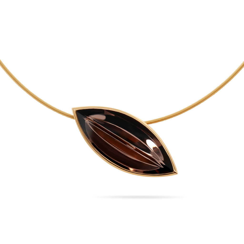 Photograph 1 of Angela Hubel's Contemporary 18k Rose Gold Navette Smokey Quartz Statement Necklace. Available on DESIGNYARD.com and in our Jewellery Shop Dublin, Ireland. Free Worldwide Shipping with DHL.