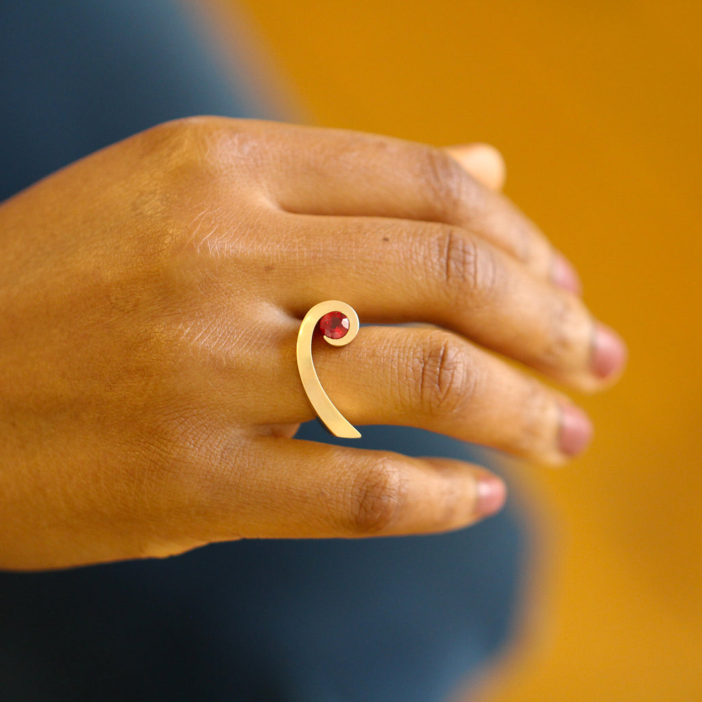 Photograph 3 of Angela Hubel's Contemporary 18k Rose Gold Shooting Star Ruby Alternative Engagement Ring. Available on DESIGNYARD.com and in our Jewellery Shop Dublin, Ireland. Free Worldwide Shipping with DHL.