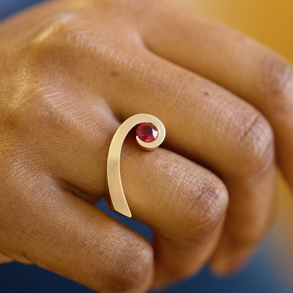 Photograph 5 of Angela Hubel's Contemporary 18k Rose Gold Shooting Star Ruby Alternative Engagement Ring. Available on DESIGNYARD.com and in our Jewellery Shop Dublin, Ireland. Free Worldwide Shipping with DHL.
