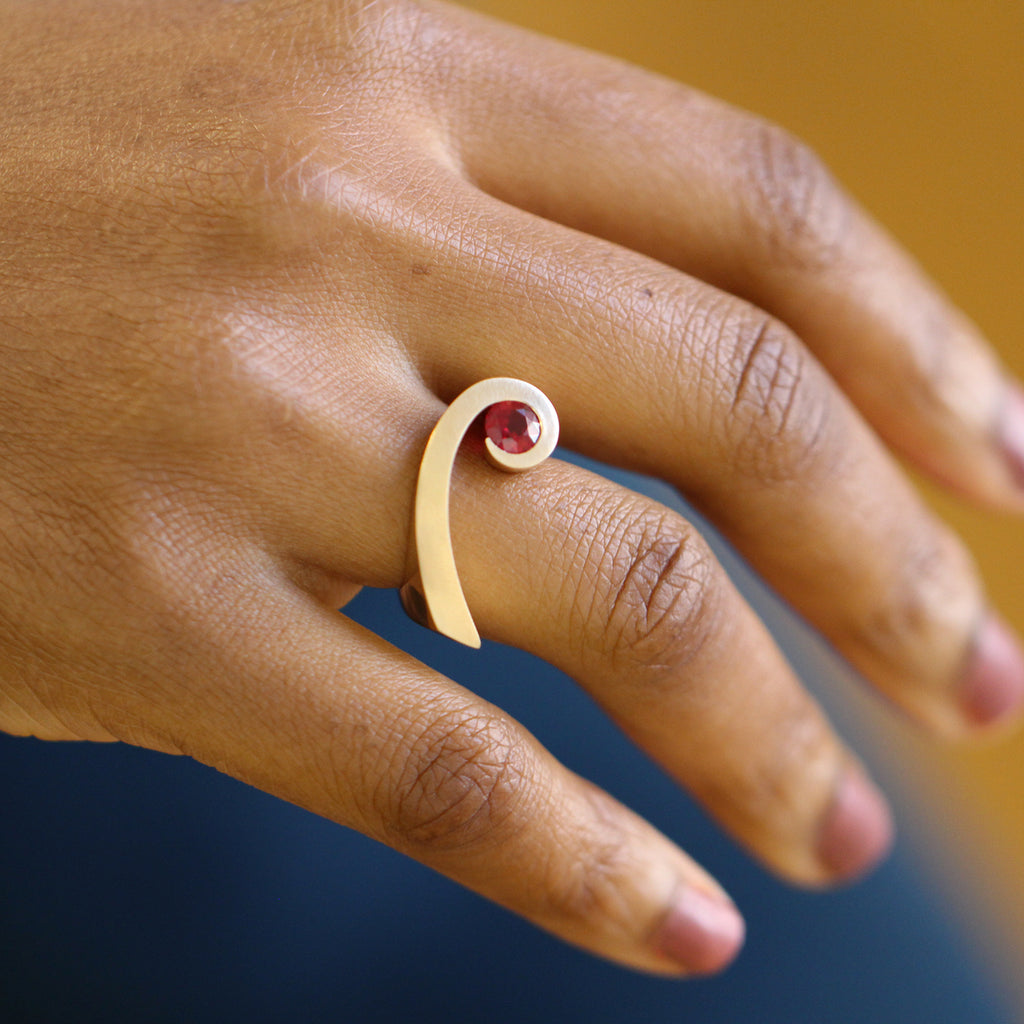 Photograph 4 of Angela Hubel's Contemporary 18k Rose Gold Shooting Star Ruby Alternative Engagement Ring. Available on DESIGNYARD.com and in our Jewellery Shop Dublin, Ireland. Free Worldwide Shipping with DHL.