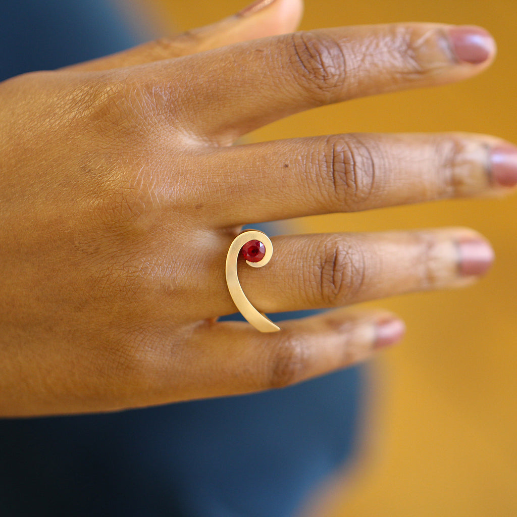 Photograph 2 of Angela Hubel's Contemporary 18k Rose Gold Shooting Star Ruby Alternative Engagement Ring. Available on DESIGNYARD.com and in our Jewellery Shop Dublin, Ireland. Free Worldwide Shipping with DHL.