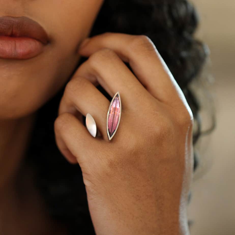 Photograph 3 of Angela Hubel's Contemporary 18k White Gold Tourmaline Navette Statement Ring. Available on DESIGNYARD.com No 1 for Contemporary Jewellery Dublin, Ireland. Free Worldwide Shipping with DHL.