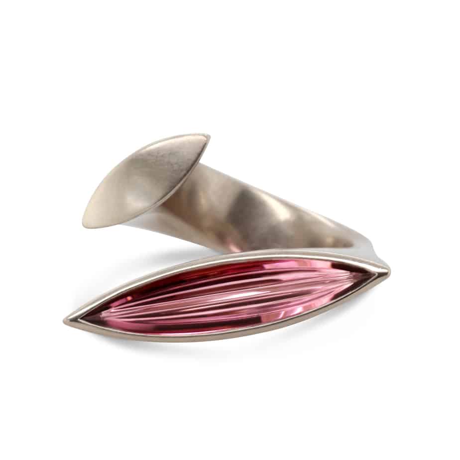 Photograph 1 of Angela Hubel's Contemporary 18k White Gold Tourmaline Navette Statement Ring. Available on DESIGNYARD.com No 1 for Contemporary Jewellery Dublin, Ireland. Free Worldwide Shipping with DHL.