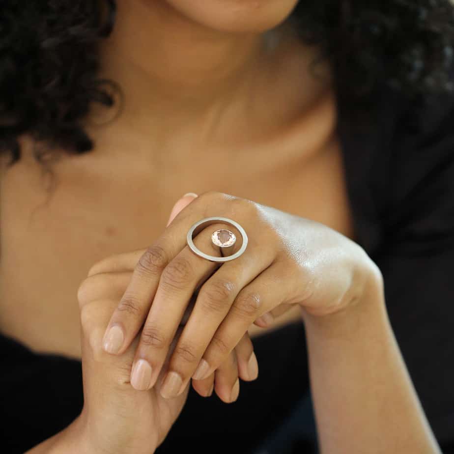 Photograph 2 of Angela Hubel's Contemporary 18k White Gold Treasure Island Morganite Statement Ring. Available on DESIGNYARD.com No 1 for Contemporary Jewellery Dublin, Ireland. Free Worldwide Shipping with DHL.