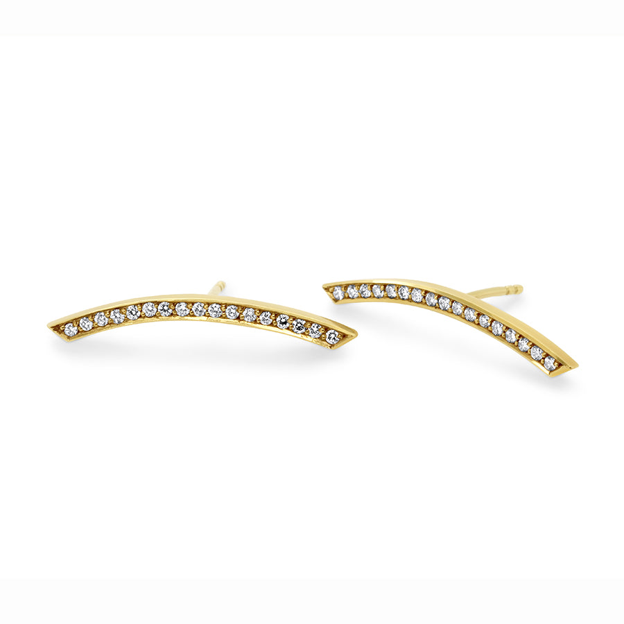 Photograph 1 of Angela Hubel's Contemporary 18k Yellow Gold Diamond Curved Statement Earrings. Available on  DESIGNYARD.com No 1 for Contemporary Jewellery Dublin, Ireland. Free Worldwide Shipping with DHL.