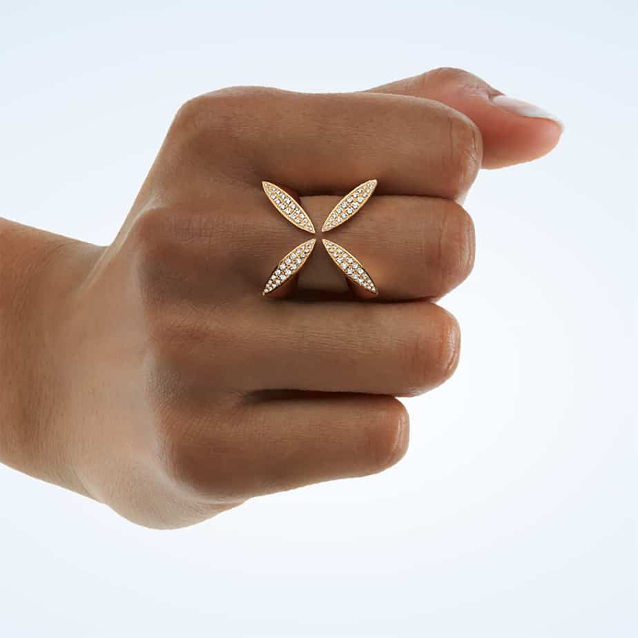 Photograph 2 of Angela Hubel's Contemporary 18k Rose Gold Dragonfly Diamond Statement Ring. Available on DESIGNYARD.com and in our Contemporary Jewellery Gallery Dublin, Ireland. Free Worldwide Shipping with DHL.