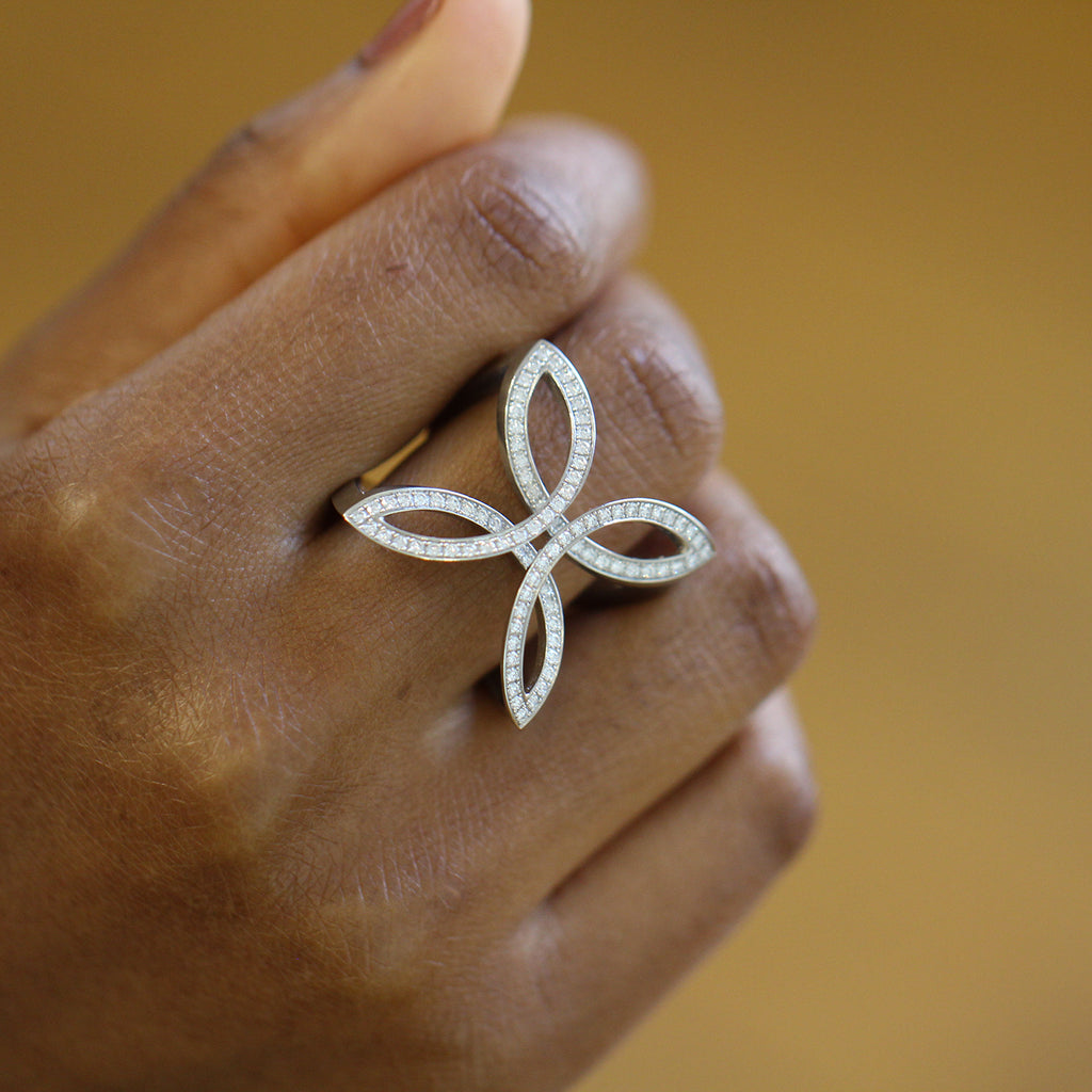Photograph 2 of Angela Hubel's Contemporary Platinum Diamond Butterfly Statement Eternity Ring. Available on DESIGNYARD.com No 1 for Contemporary Jewellery in Europe. Shipping Worldwide.