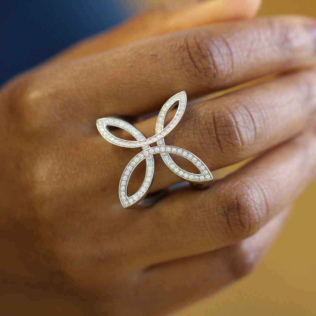 Photograph 4 of Angela Hubel's Contemporary Platinum Diamond Butterfly Statement Eternity Ring. Available on DESIGNYARD.com No 1 for Contemporary Jewellery in Europe. Shipping Worldwide.