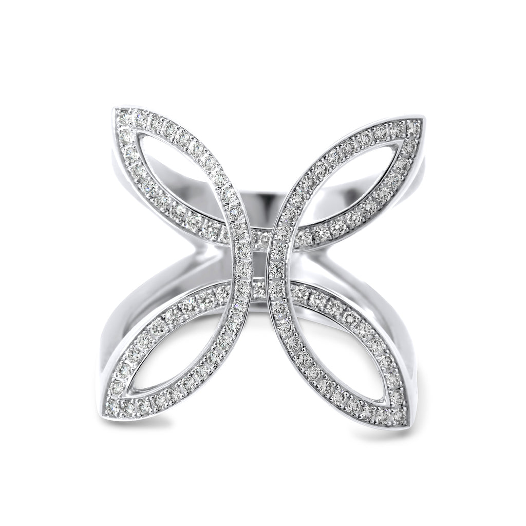 Photograph 1 of Angela Hubel's Contemporary Platinum Diamond Butterfly Statement Eternity Ring. Available on DESIGNYARD.com No 1 for Contemporary Jewellery in Europe. Shipping Worldwide.