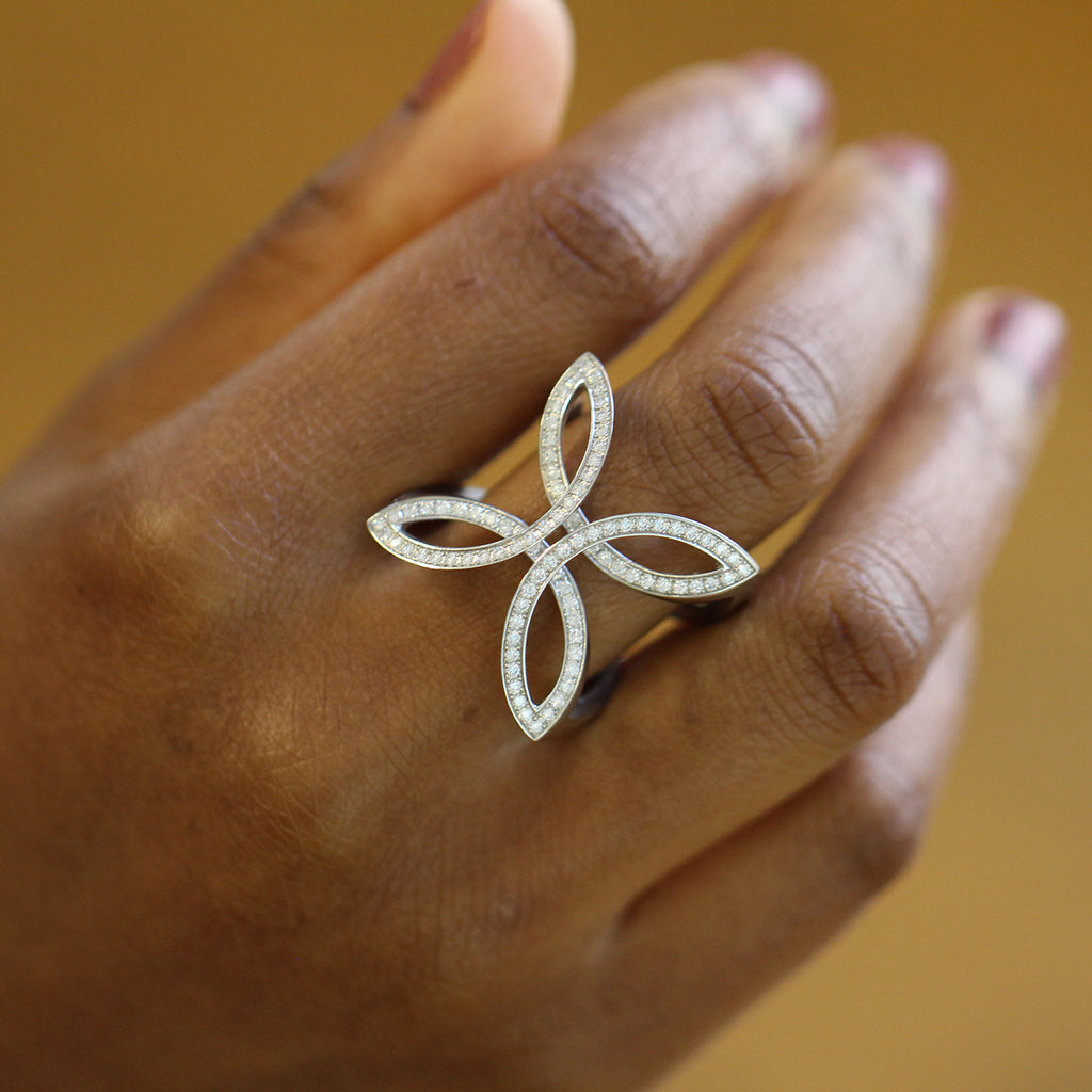 Photograph 3 of Angela Hubel's Contemporary Platinum Diamond Butterfly Statement Eternity Ring. Available on DESIGNYARD.com No 1 for Contemporary Jewellery in Europe. Shipping Worldwide.