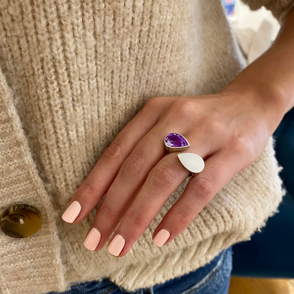 Photograph 3 of Angela Hubel's Contemporary Sterling Silver Amethyst Colour Drop Statement Ring. Available on DESIGNYARD.com No 1 for Contemporary Jewellery in Europe. Shipping Worldwide.