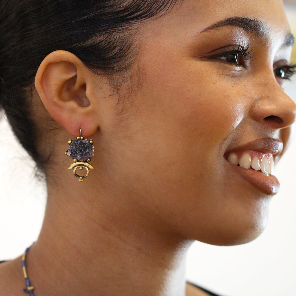 Photograph 2 of Barbara Bertagnolli's Contemporary 24k Yellow Gold Silver Amethyst Hedgehog Statement Earrings. Available on DESIGNYARD.com No 1 for Contemporary Jewellery in Europe. Free Worldwide Shipping.