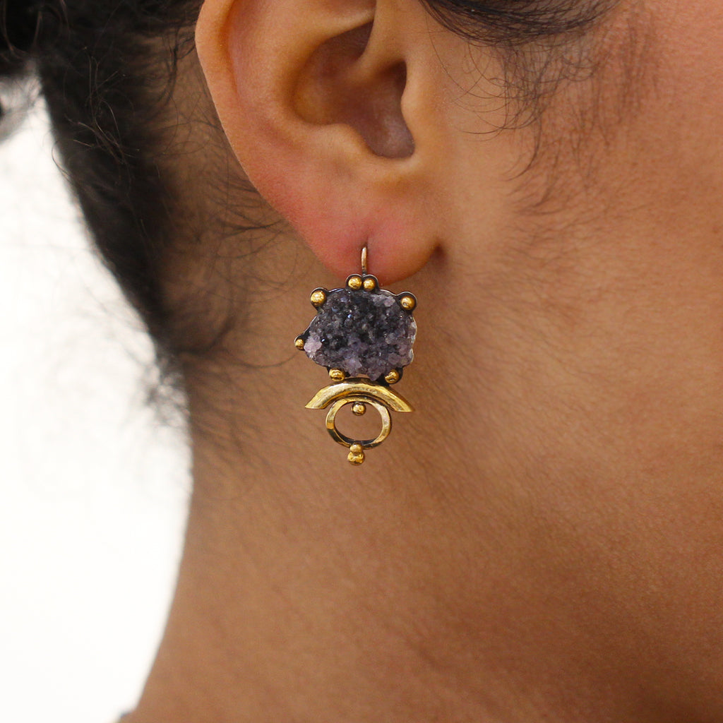 Photograph 3 of Barbara Bertagnolli's Contemporary 24k Yellow Gold Silver Amethyst Hedgehog Statement Earrings. Available on DESIGNYARD.com No 1 for Contemporary Jewellery in Europe. Free Worldwide Shipping.