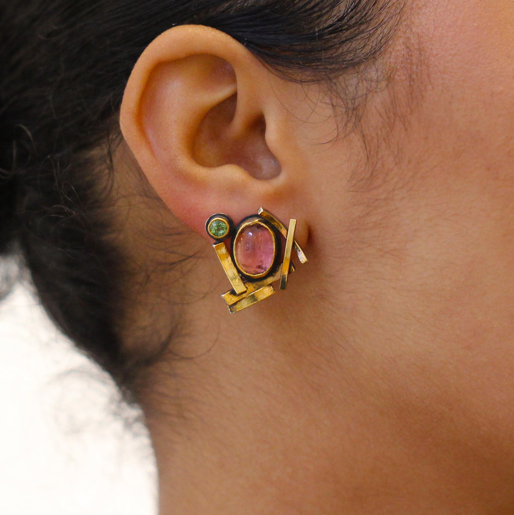 Barbara Bertagnolli - 24k Yellow Gold Silver Pink Green Tourmaline Earrings - DESIGNYARD, Dublin Ireland.