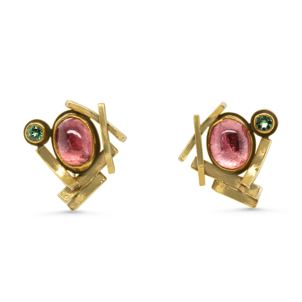 Barbara Bertagnolli - 24k Yellow Gold Silver Pink Green Tourmaline Earrings - DESIGNYARD, Dublin Ireland.