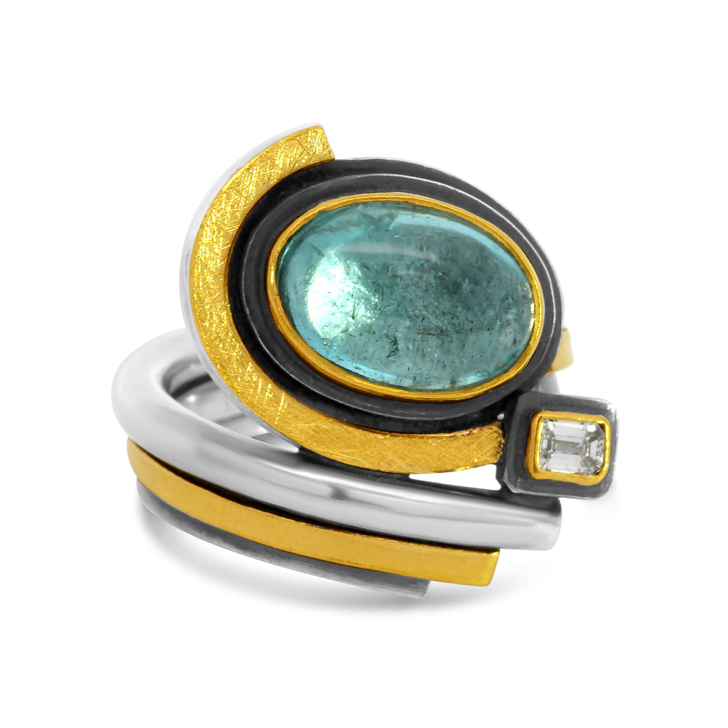 Barbara Bertagnolli - 24k Yellow Gold Silver Aquamarine Emerald Cut Diamond Ring - DESIGNYARD, Dublin Ireland.