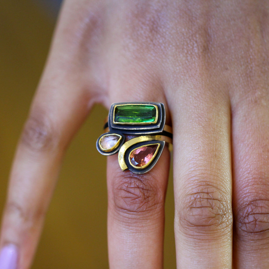Photograph 2 of Barbara Bertagnolli's Contemporary 24k Yellow Gold & Silver Pink Green Tourmaline Unique Statement Ring. Available on DESIGNYARD.com and in our Jewellery Shop Dublin, Ireland. Free Worldwide Shipping with DHL.