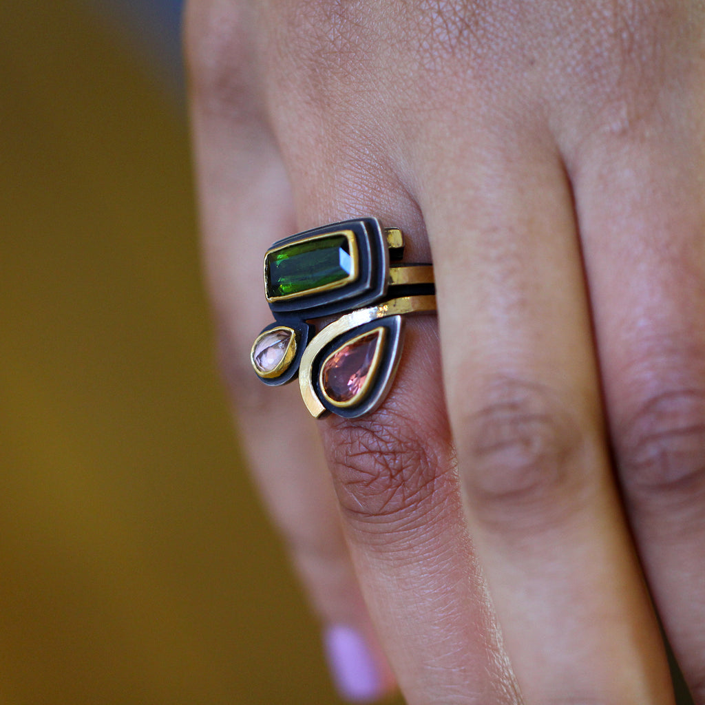 Photograph 3 of Barbara Bertagnolli's Contemporary 24k Yellow Gold & Silver Pink Green Tourmaline Unique Statement Ring. Available on DESIGNYARD.com and in our Jewellery Shop Dublin, Ireland. Free Worldwide Shipping with DHL.
