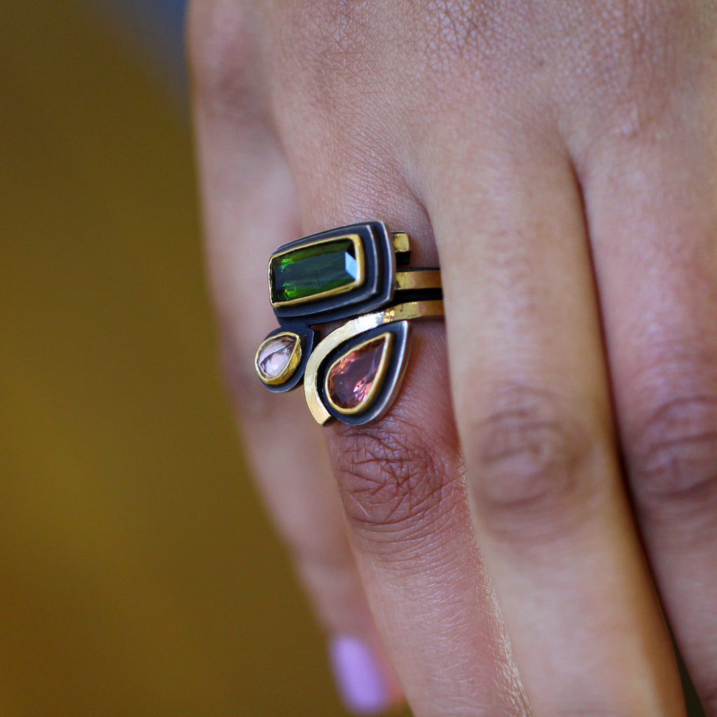 Barbara Bertagnolli - 24k Yellow Gold Silver Pink Green Tourmaline Ring - DESIGNYARD, Dublin Ireland.