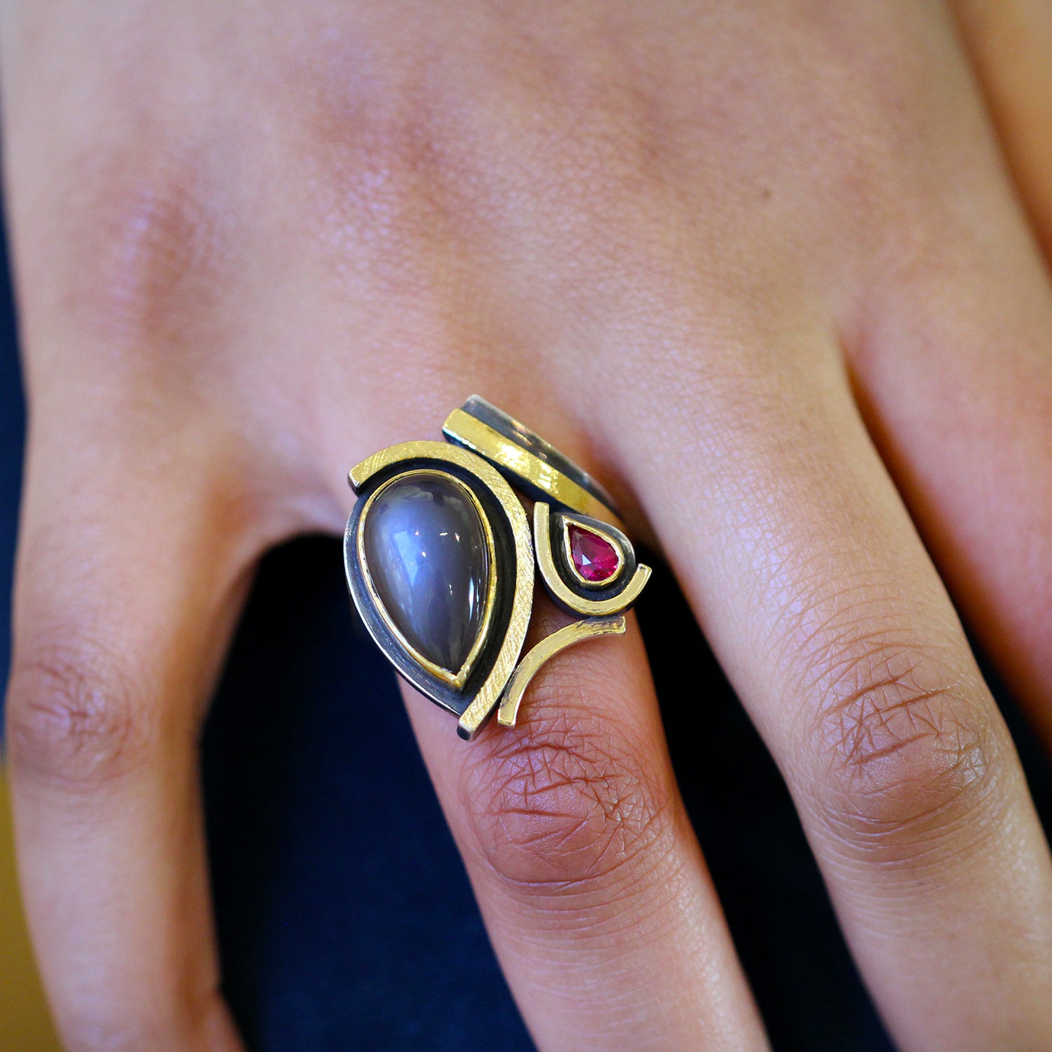 24k Yellow Gold Silver Moonstone Ruby Ring