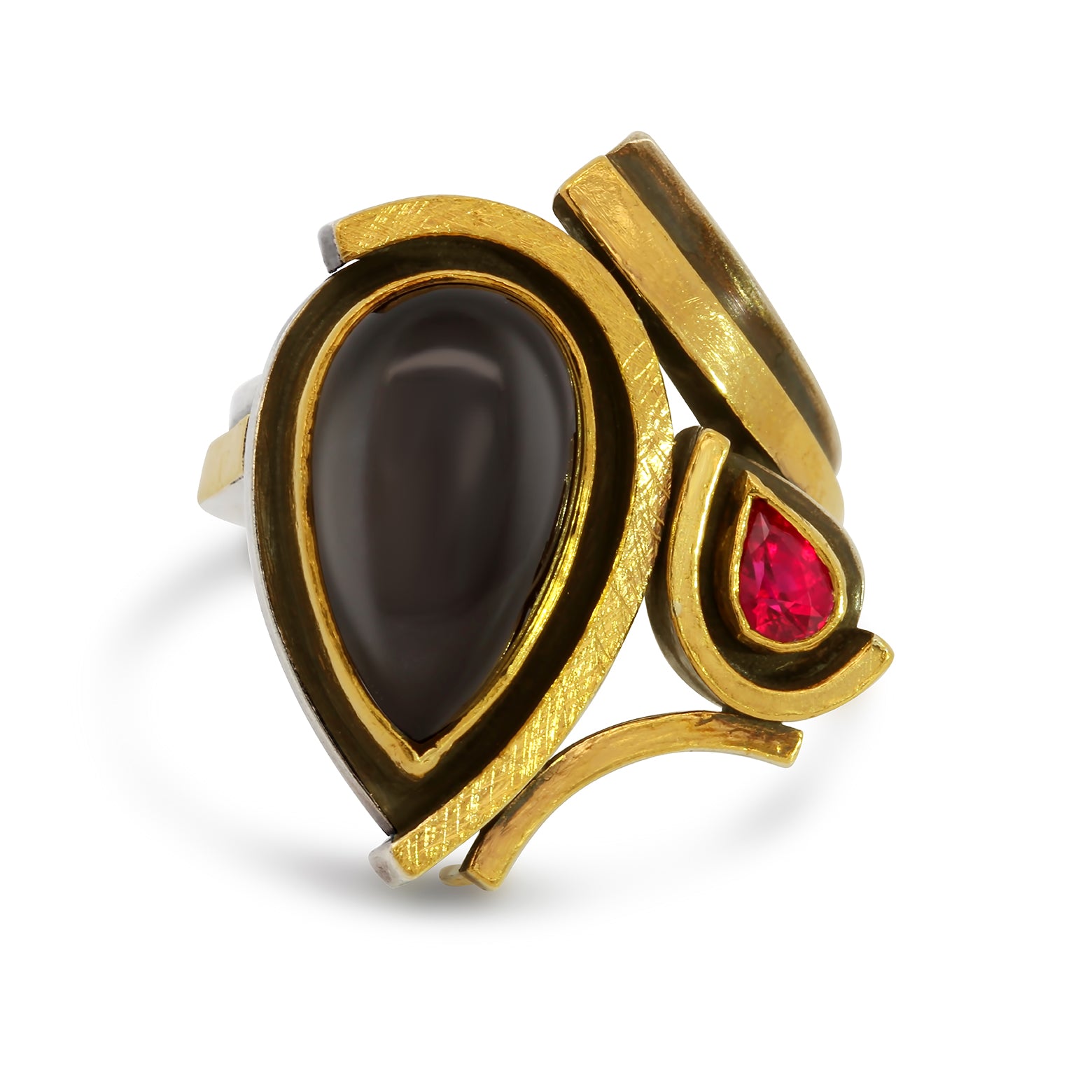 24k Yellow Gold Silver Moonstone Ruby Ring