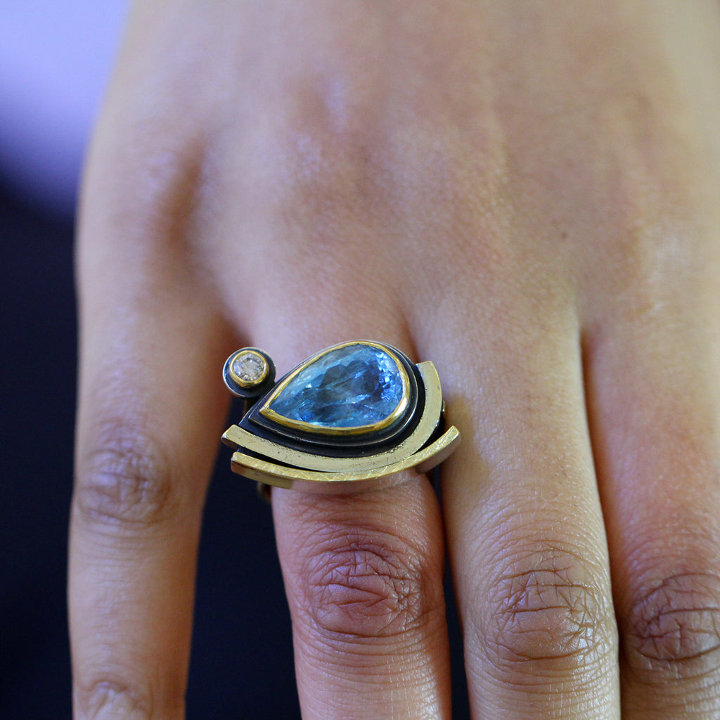 Photograph 4 of Barbara Bertagnolli's Contemporary 24k Yellow Gold Silver Aquamarine Diamond Unique Statement Ring. Available on DESIGNYARD.com  Number 1 for Contemporary Jewellery Dublin Ireland. Free Worldwide Shipping with DHL.