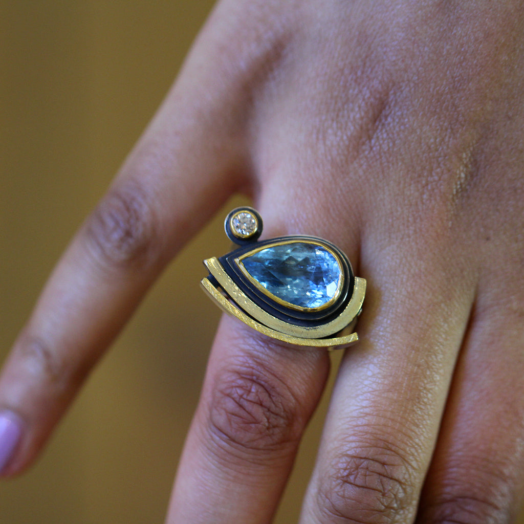 Photograph 2 of Barbara Bertagnolli's Contemporary 24k Yellow Gold Silver Aquamarine Diamond Unique Statement Ring. Available on DESIGNYARD.com  Number 1 for Contemporary Jewellery Dublin Ireland. Free Worldwide Shipping with DHL.