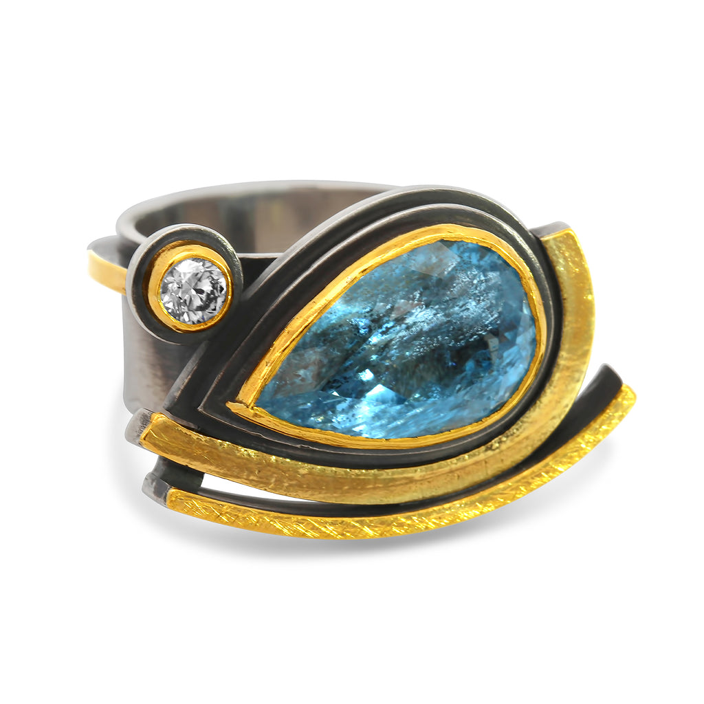 Barbara Bertagnolli - 24k Yellow Gold Silver Aquamarine Diamond Ring - DESIGNYARD, Dublin Ireland.