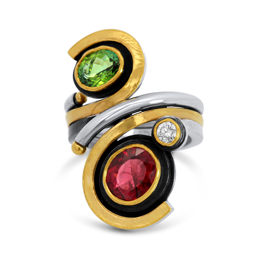 Photograph 1 of Barbara Bertagnolli's Contemporary 24k Yellow Gold & Silver Tourmaline Diamond Unique Statement Ring. Available on DESIGNYARD.com Number 1 for Contemporary Jewellery Dublin, Ireland. Free Worldwide Shipping with DHL.