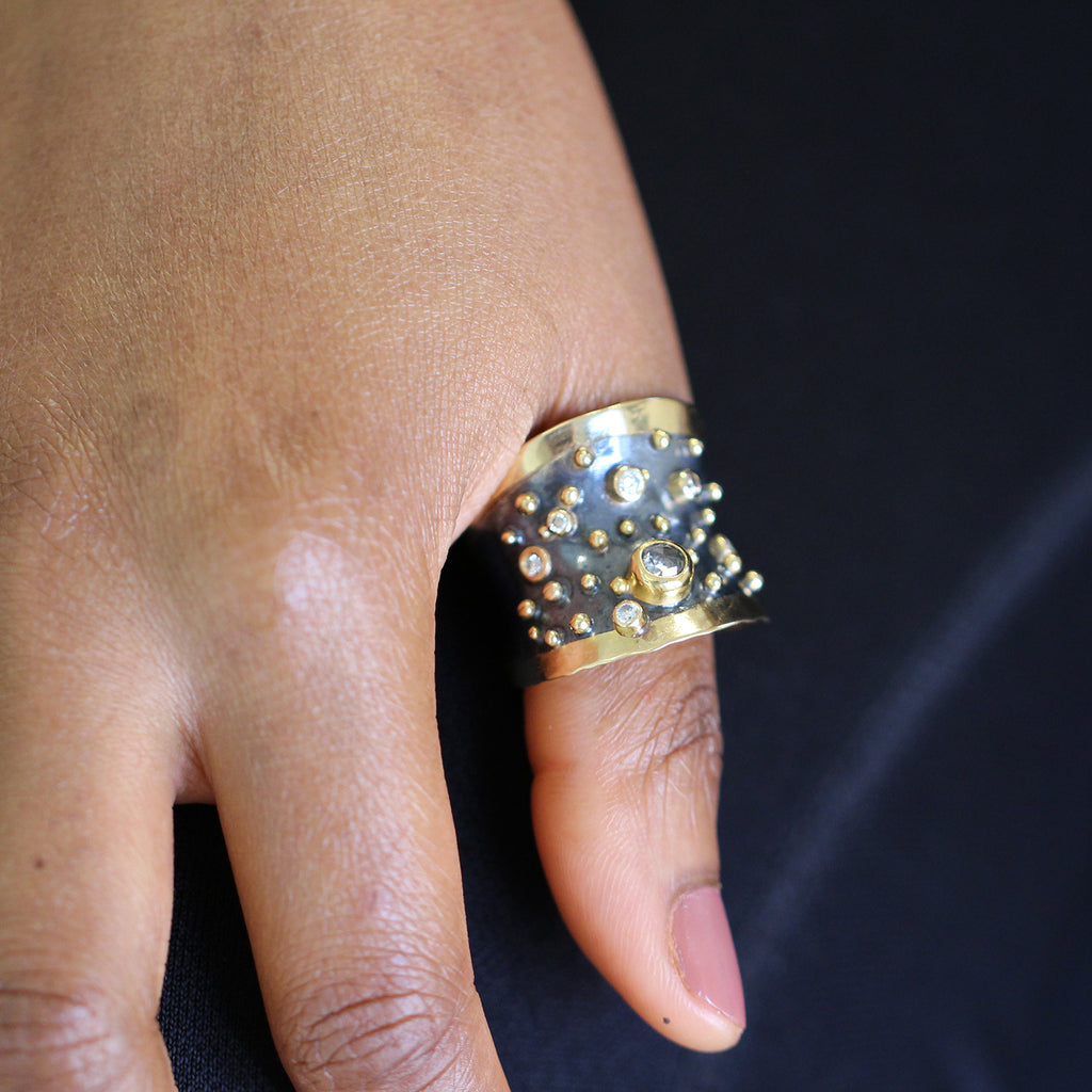 Photograph 3 of Josephine Bergsøe's Contemporary Yellow Gold & Oxidised Silver Halle Berry Diamond Statement Ring. Available on DESIGNYARD.com and in our Jewellery Shop Dublin, Ireland. Free Worldwide Shipping with DHL.