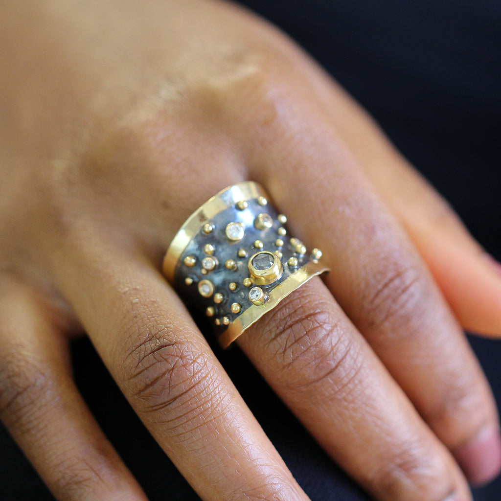 Photograph 2 of Josephine Bergsøe's Contemporary Yellow Gold & Oxidised Silver Halle Berry Diamond Statement Ring. Available on DESIGNYARD.com and in our Jewellery Shop Dublin, Ireland. Free Worldwide Shipping with DHL.