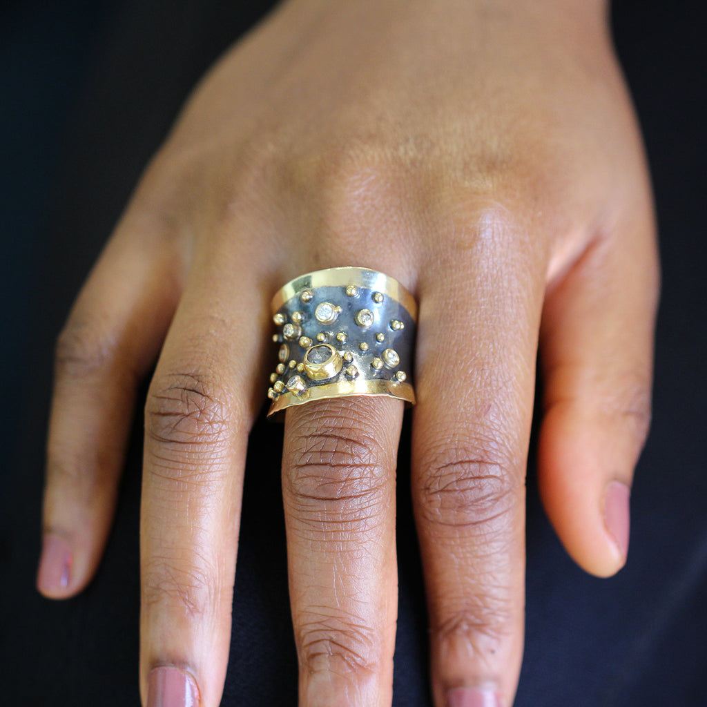 Photograph 5 of Josephine Bergsøe's Contemporary Yellow Gold & Oxidised Silver Halle Berry Diamond Statement Ring. Available on DESIGNYARD.com and in our Jewellery Shop Dublin, Ireland. Free Worldwide Shipping with DHL.