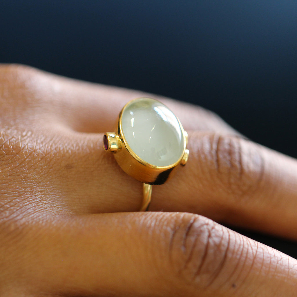 Photograph 5 of Josephine Bergsøe's Contemporary Yellow Gold Beryl Ruby Diamond Statement Ring. Available on DESIGNYARD.com and in our Jewellery Shop Dublin, Ireland. Free Worldwide Shipping with DHL.