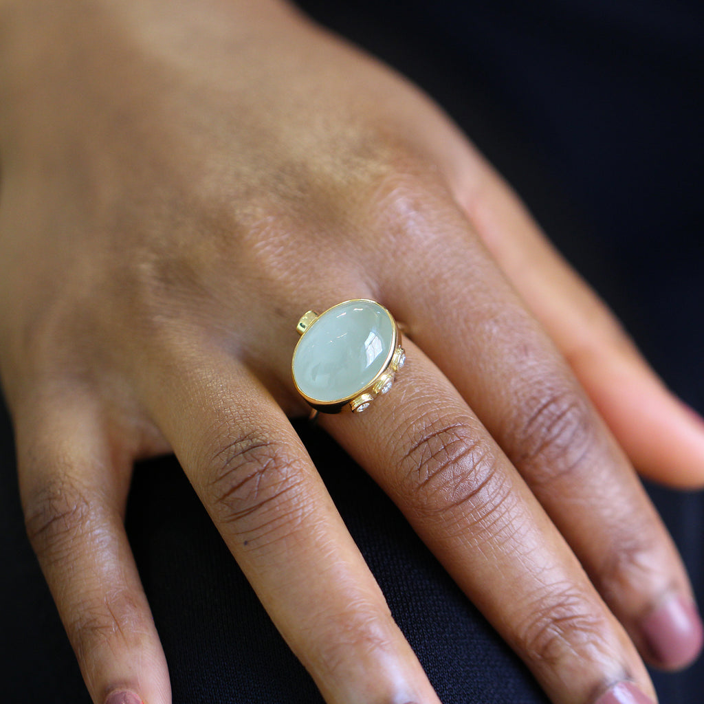 Photograph 2 of Josephine Bergsøe's Contemporary Yellow Gold Beryl Ruby Diamond Statement Ring. Available on DESIGNYARD.com and in our Jewellery Shop Dublin, Ireland. Free Worldwide Shipping with DHL.