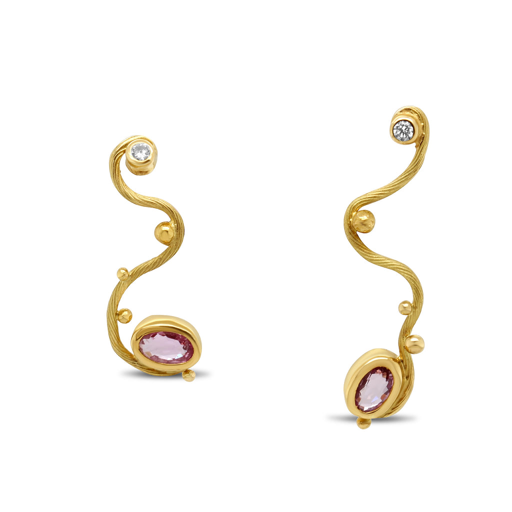Josephine Bergsøe - 18k 22k Yellow Gold Seafire Pink Sapphire Diamond Earrings - DESIGNYARD, Dublin Ireland.