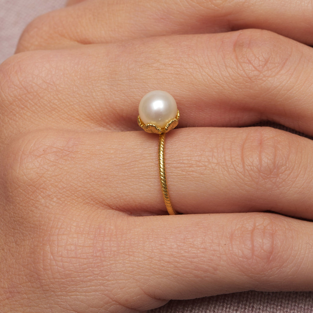 Photograph 2 of Brigitte Adolph's 18k Yellow Gold Pearl Frau Luna Pearl Statement Ring. Available on DESIGNYARD.com #1 for Contemporary Jewellery Dublin, Ireland. Free Worldwide Shipping with DHL.