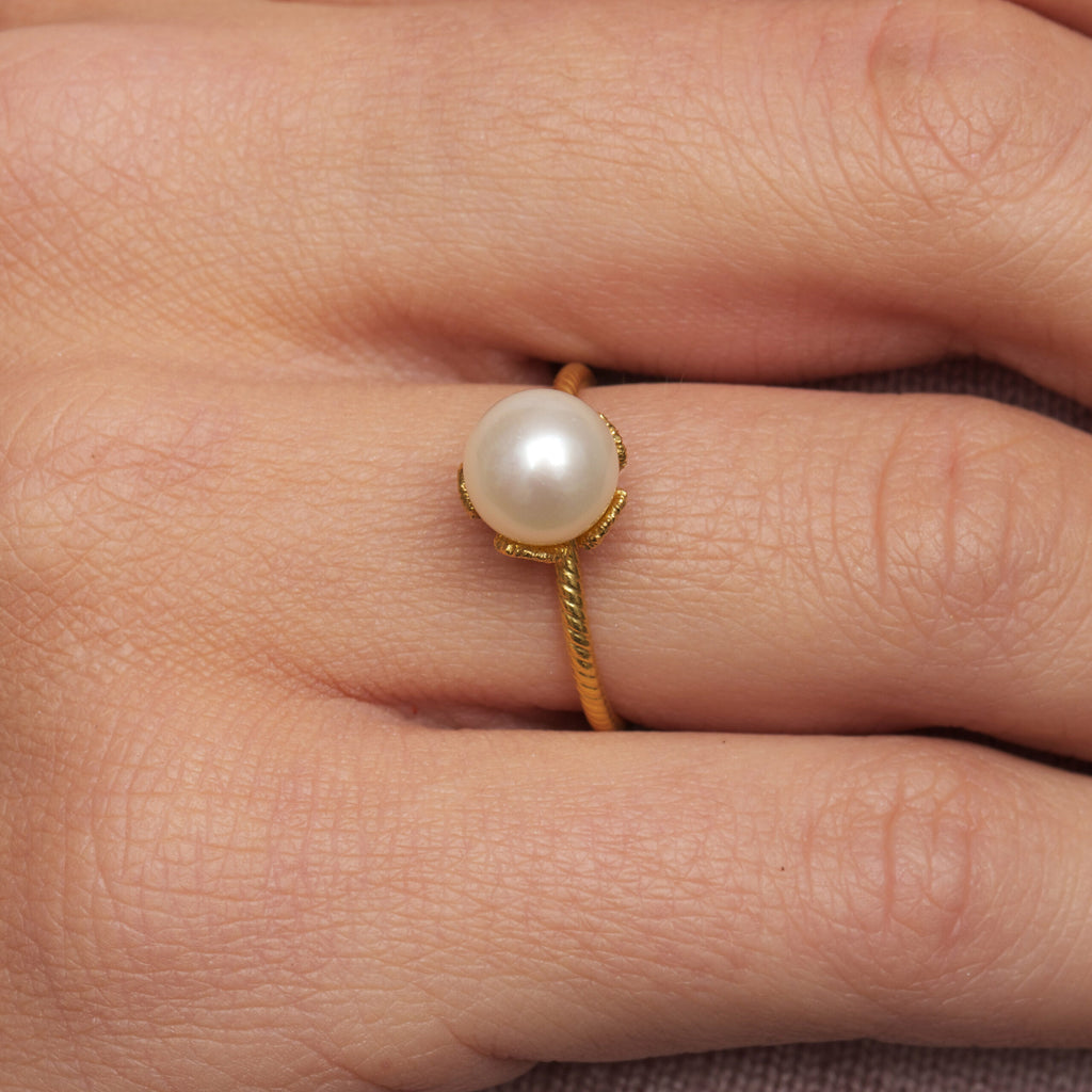 Photograph 3 of Brigitte Adolph's 18k Yellow Gold Pearl Frau Luna Pearl Statement Ring. Available on DESIGNYARD.com #1 for Contemporary Jewellery Dublin, Ireland. Free Worldwide Shipping with DHL.