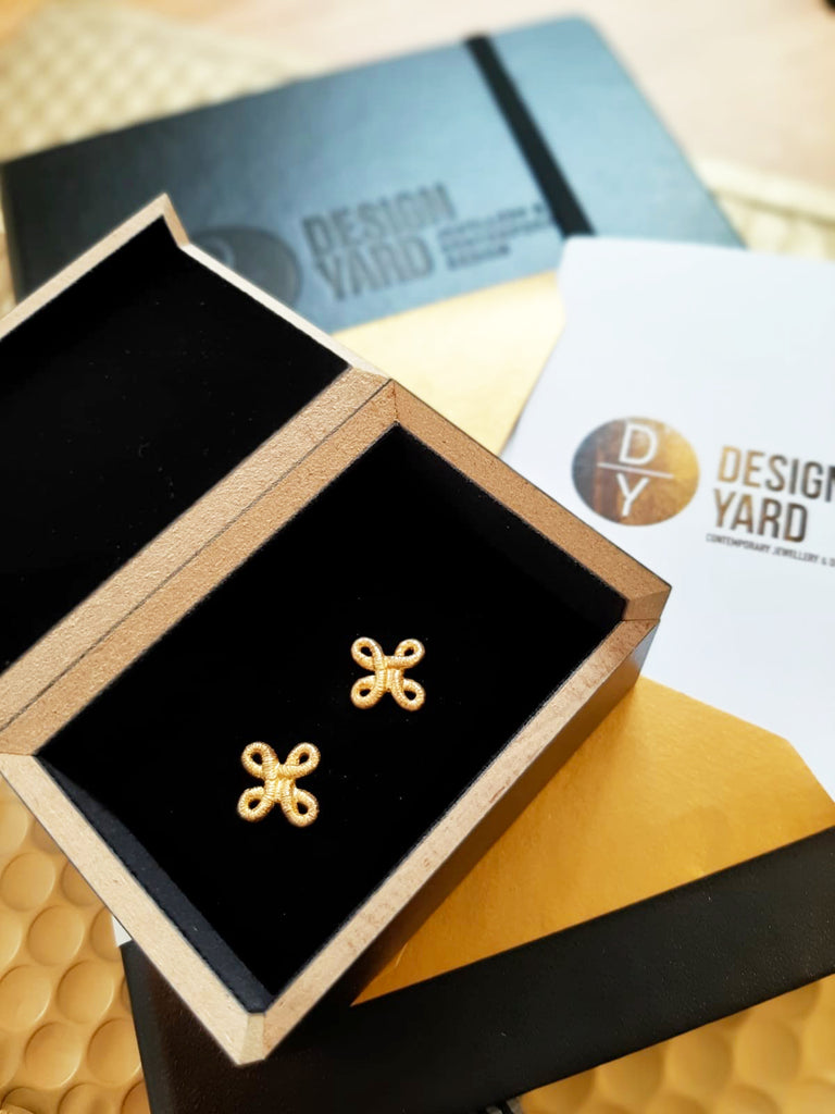 Photograph 3 of Brigitte Adolph's 18k Yellow Gold Pique Dame Handmade Unique Statement Earrings. Available on DESIGNYARD.com No 1 for Contemporary Jewellery Dublin, Ireland. Free Worldwide Shipping with DHL.