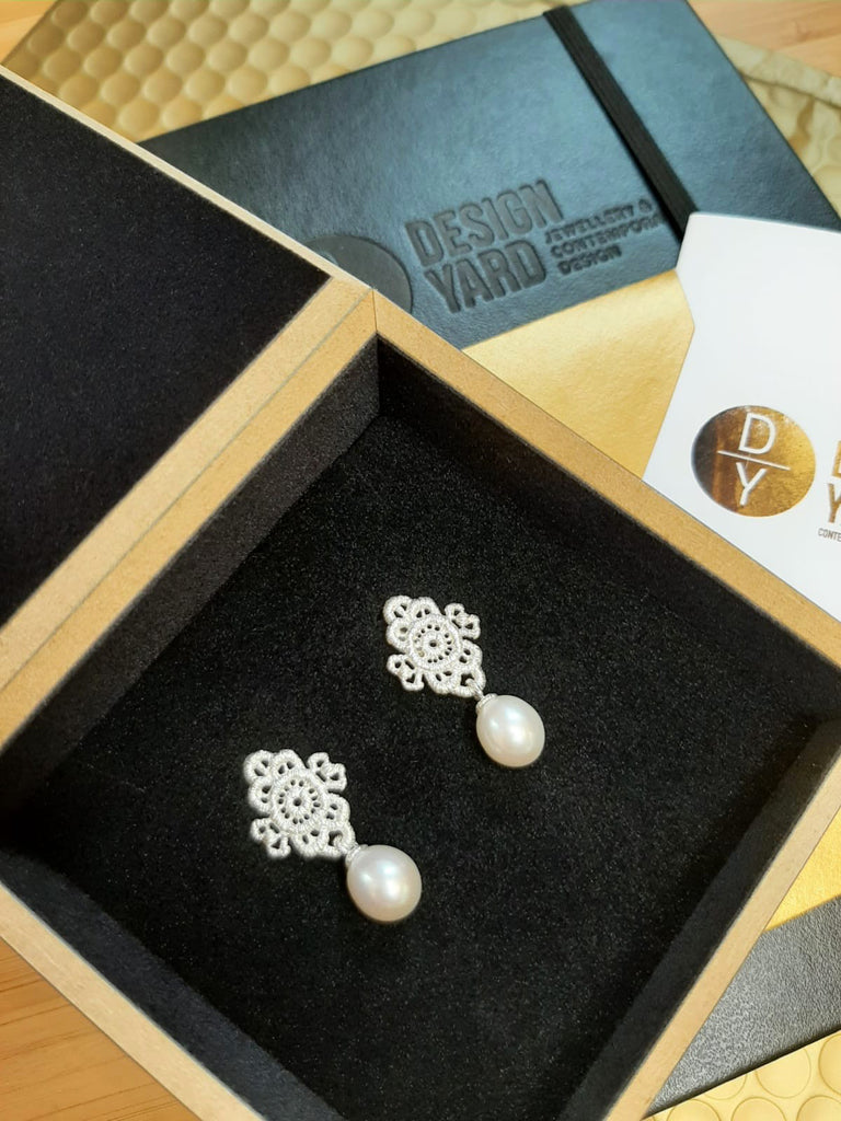 Photograph 3 of Brigitte Adolph's Sterling Silver Mona Lisa Pearl Drop Statement Earrings. Available on DESIGNYARD.com #1 for Contemporary Jewellery Dublin, Ireland. Free Worldwide Shipping with DHL.