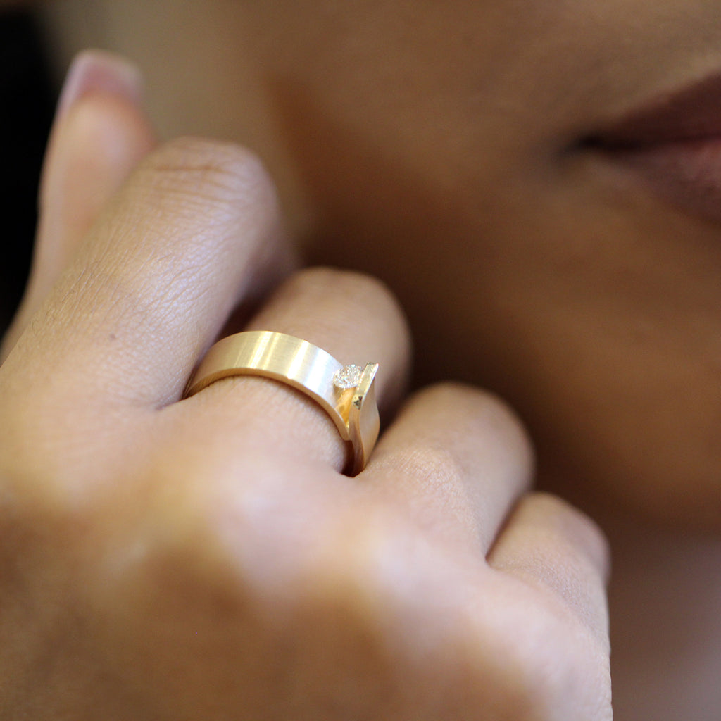 Photograph 2 of Cardillac's Contemporary 14k Yellow Gold Zinnia Diamond Alternative Engagement Ring. Available on DESIGNYARD.com and in our Jewellery Shop Dublin, Ireland. Free Worldwide Shipping with DHL.