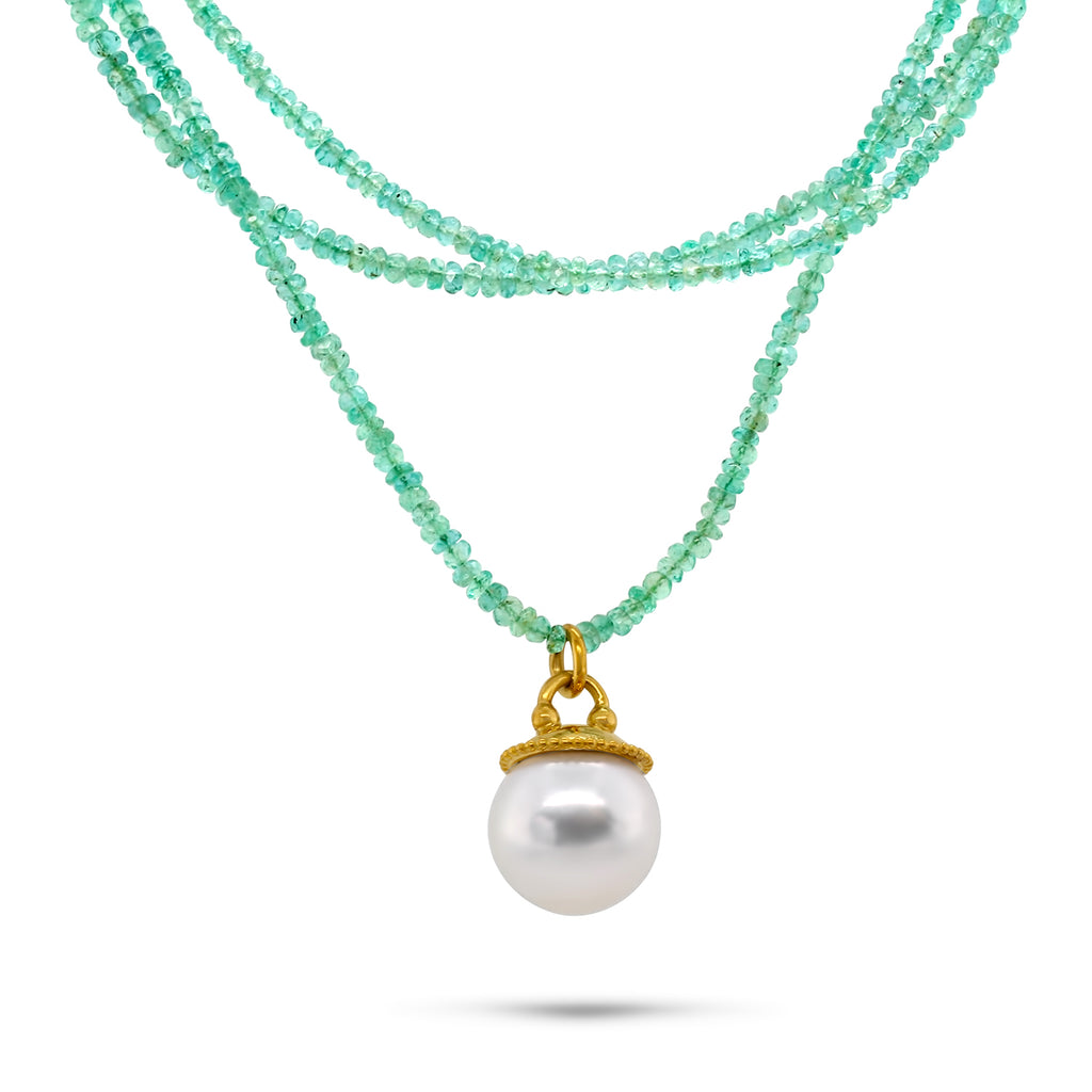 Photograph 1 of Cassie McCann's Magnificent 18k Yellow Gold Emerald South Sea Pearl Anu Statement Necklace. Available on DESIGNYARD.com Number 1 for Contemporary Jewellery Dublin, Ireland. Free Worldwide Shipping with DHL.