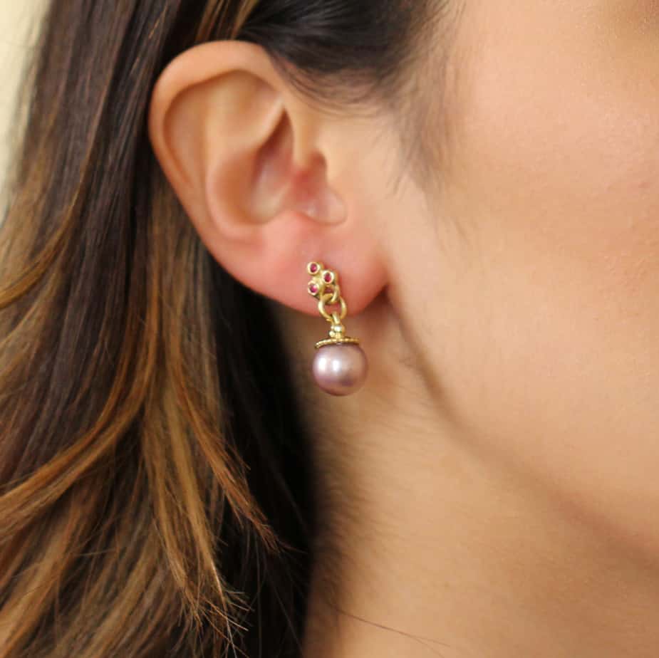 Cassie McCann - 18k Yellow Gold Sri Lankan Ruby Pearl Eos Earrings - DESIGNYARD, Dublin Ireland.