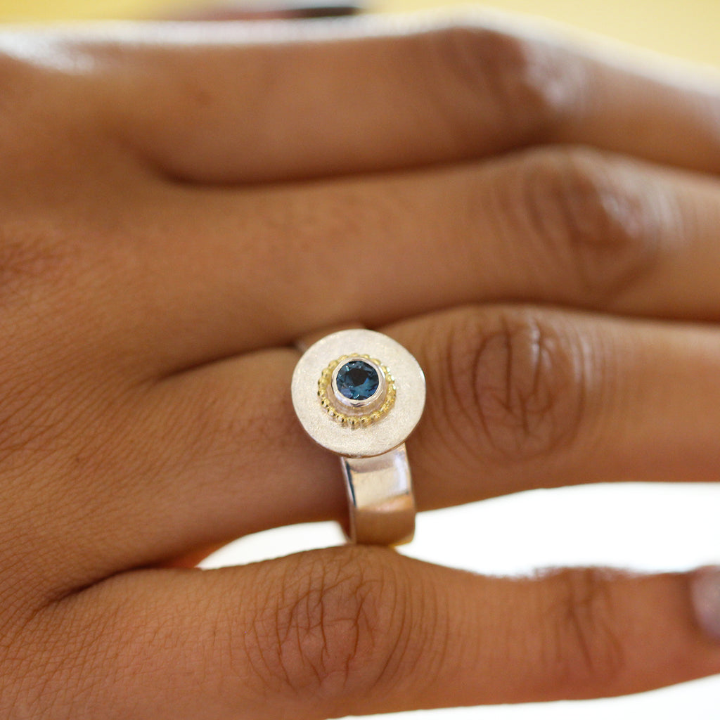 Cassie McCann - Silver 18k Yellow Gold Blue Topaz Oceania Ring - DESIGNYARD, Dublin Ireland.