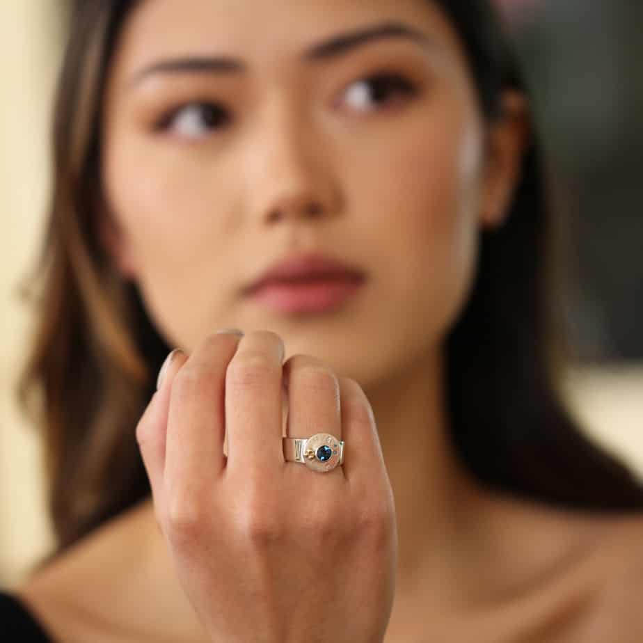 Photograph 3 of Cassie McCann's Contemporary Silver 18k Yellow Gold Blue Topaz Diamond Oceania Ring Irish made. Available on DESIGNYARD.com no 1 contemporary jewellery Dublin Ireland. Free Worldwide Shipping with DHL